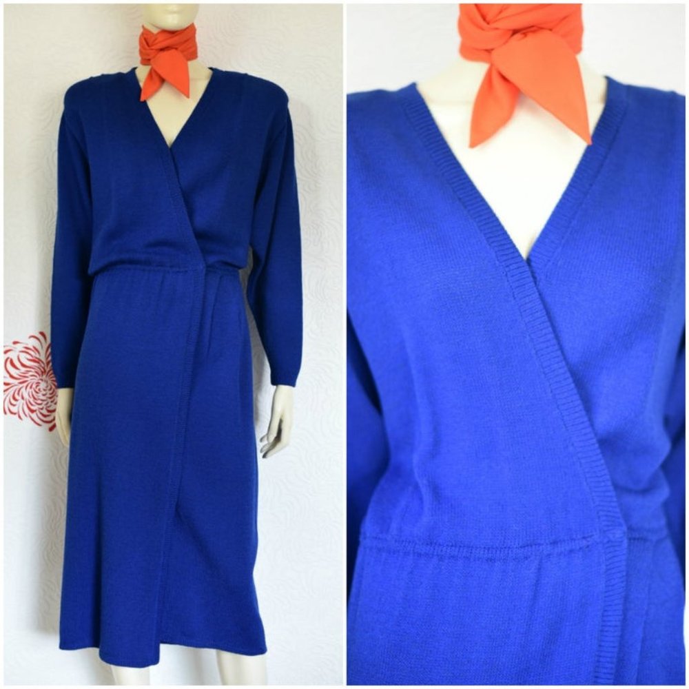 St John Knit Royal Blue Vintage Wrap Dress